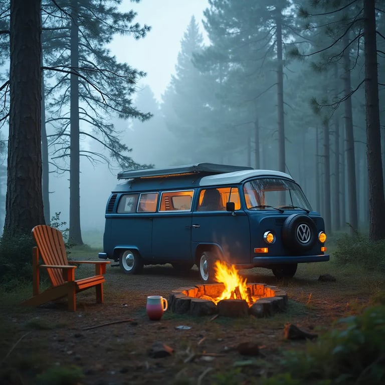 A navy blue campervan rests in a quiet, misty forest. Nearby, a campfire warms a mug, chair, and wooden guitar as fog rises from the river.
