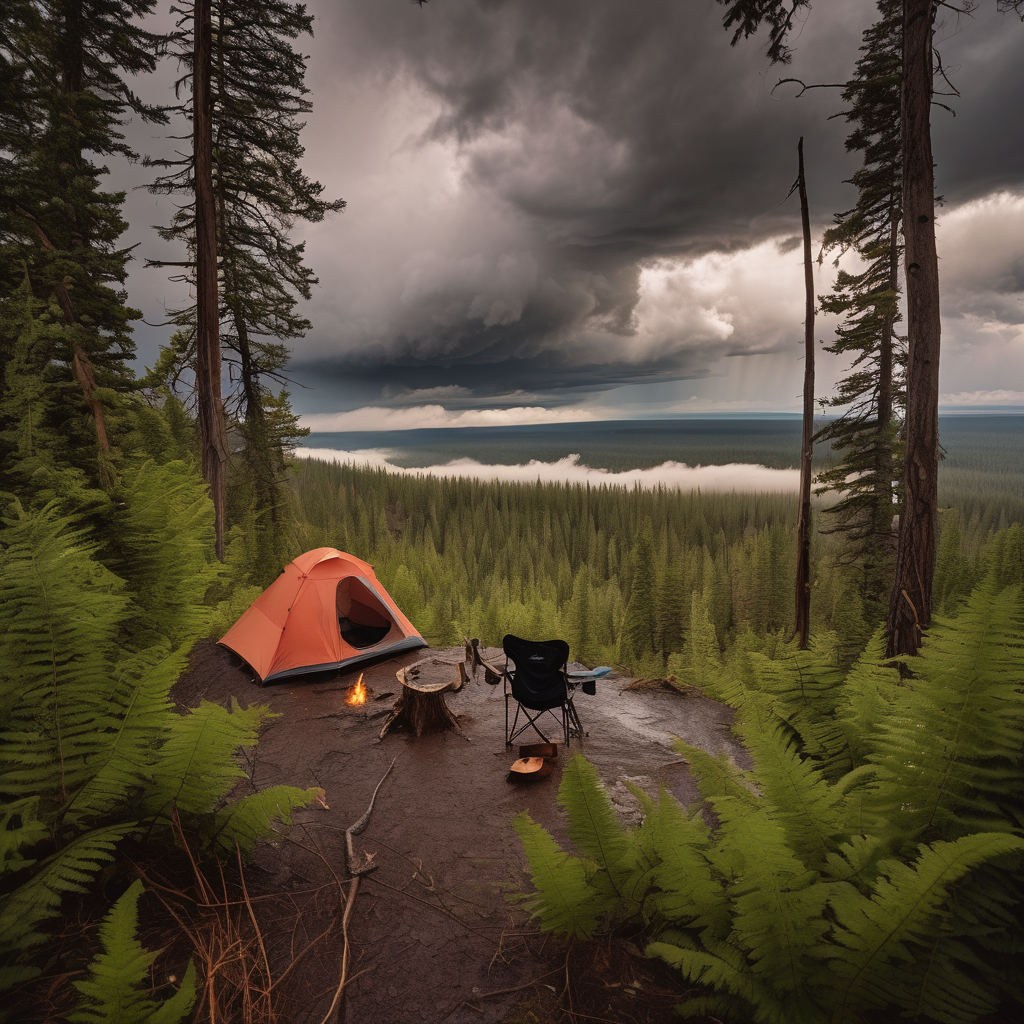 A coral tent rests among ferns on the open Idaho plains below a suspension bridge. Dark storm clouds gather overhead, while a distant camper shines a flashlight beside a chair and an axe-stuck stump.