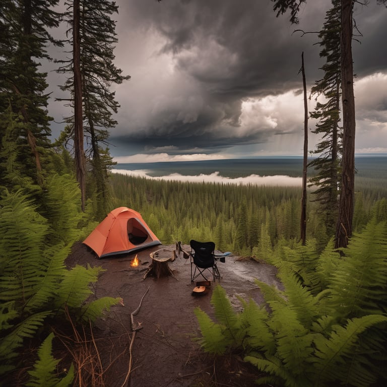 A coral tent rests among ferns on the open Idaho plains below a suspension bridge. Dark storm clouds gather overhead, while a distant camper shines a flashlight beside a chair and an axe-stuck stump.