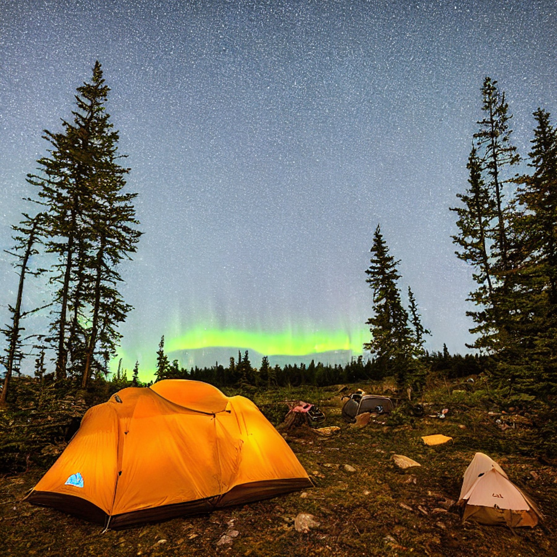 A tan tent rests on a snowy campsite beneath bright northern lights. A small stream winds through the rough ground, past large stone slabs and a box of camping gear.