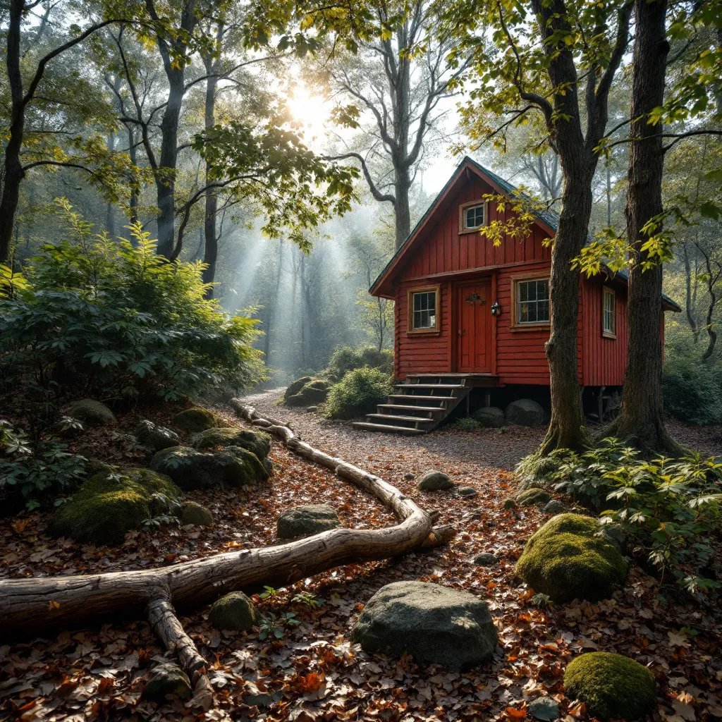A bright red treehouse rests among thick bushes in the Smoky Mountains. Sunbeams shine through the trees, lighting the leafy ground and a small twig nearby.
