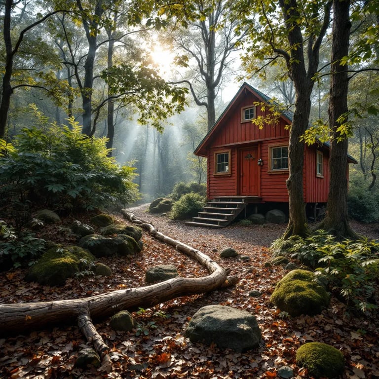 A bright red treehouse rests among thick bushes in the Smoky Mountains. Sunbeams shine through the trees, lighting the leafy ground and a small twig nearby.