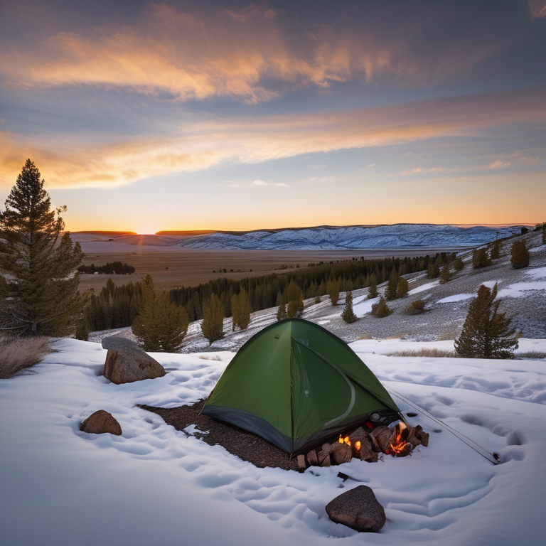 A green tent rests at a quiet campsite on the snowy Idaho plains. Rolling hills stretch beneath the wide evening sky, while a stone-ringed fire and camping gear sit nearby. In the distance, a camper shines a flashlight through the calm forest.