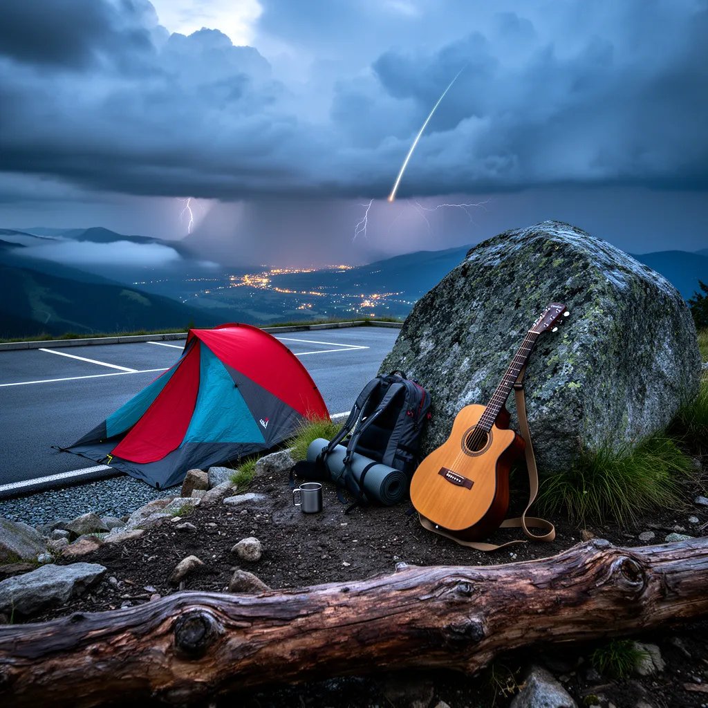 A small camp rests high on a rocky mountain ledge, with a colorful bivy bag beside a quiet pullout. A wooden guitar lies on the ground, ready for songs under the dark blue sky. Distant lightning flashes in the clouds as a single shooting star streaks across the clear gap above.