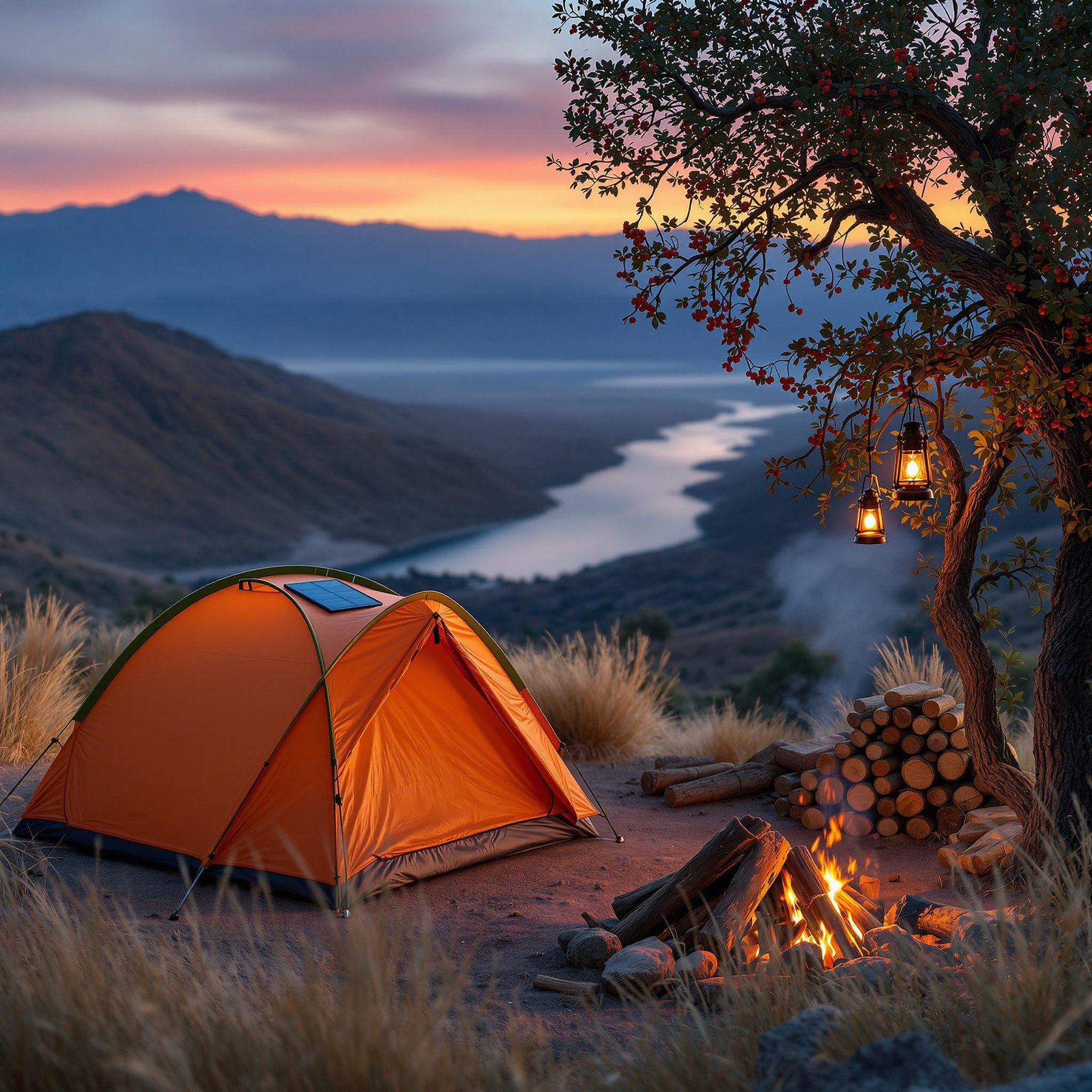 This cozy campsite sits perched on a hill with a beautiful view of a winding river. The warm glow of a campfire dances under lantern-lit branches, creating a magical evening scene. A bright orange tent stands ready for a peaceful night under the colorful sunset sky.