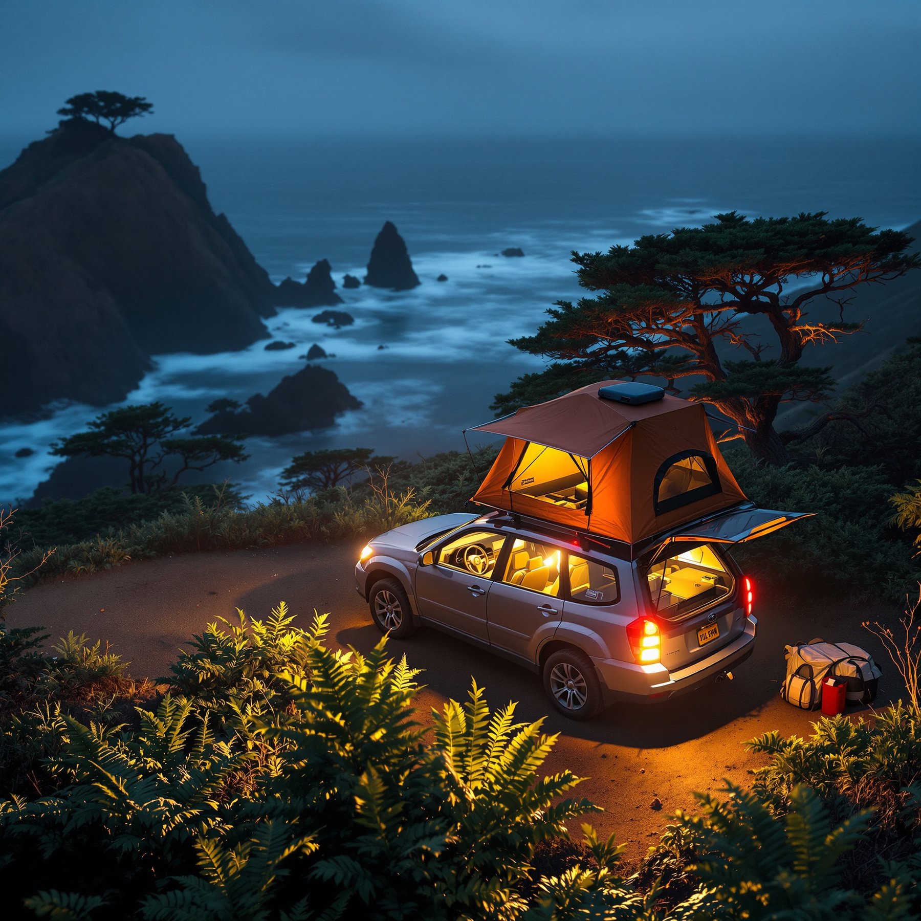 This cozy campsite sits high on a cliff, with a tent on top of a car and lights shining warmly. You can hear the ocean waves crashing below and see rocky islands in the misty water. Tall trees and thick green ferns surround the peaceful spot.
