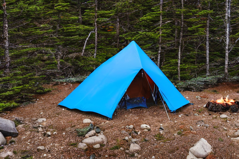 A blue tent glows beside a warm campfire under a sky full of stars in Acadia National Park. Snow dusts the dirt, stones, and scattered twigs, while small flowers and berry bushes add a touch of color.