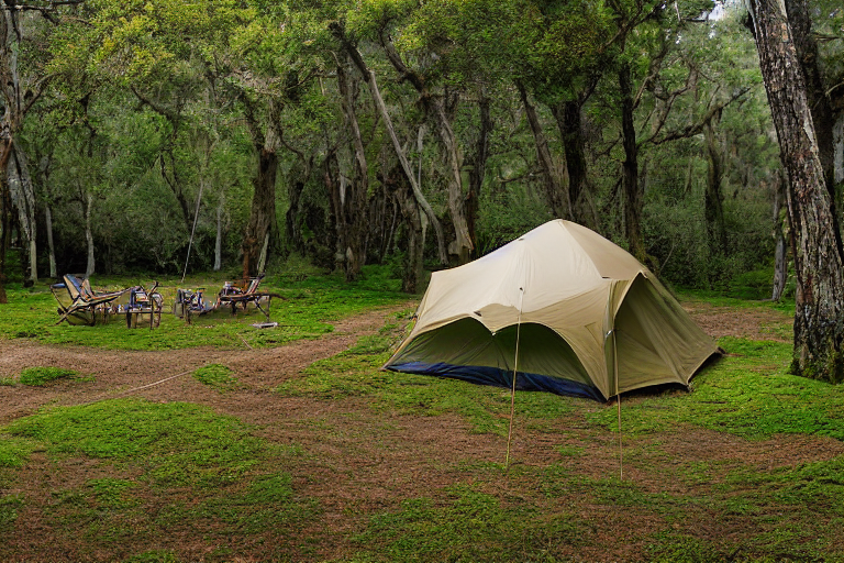 A green and tan tent rests on a dirt clearing near San Diego Beach. A warm campfire glows beside camping chairs, surrounded by mossy trees, thick bushes, and large stone slabs. Cloudy skies soften the sunset and create a peaceful mood.