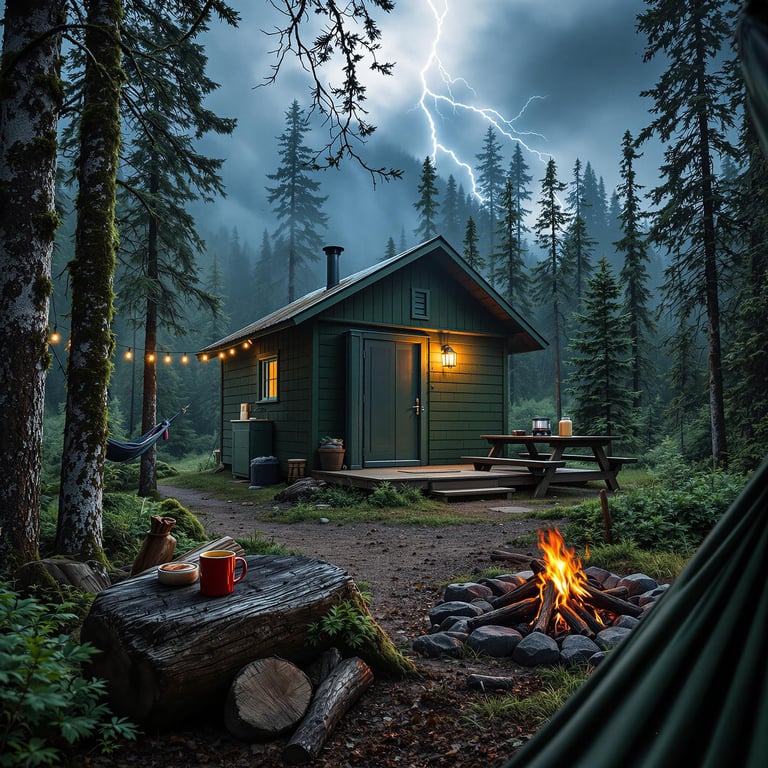 A cozy cabin sits amidst towering pine trees with a crackling campfire lighting up the night. String lights twinkle above, and a hammock sways gently, perfect for relaxing. A storm approaches, with lightning brightening the sky, adding excitement to the peaceful forest.