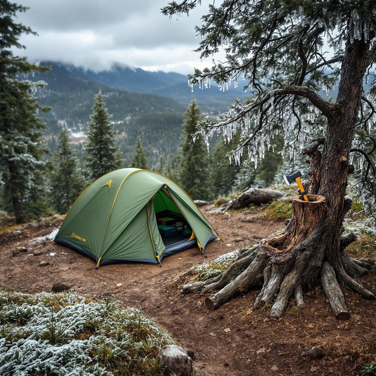 A green tent rests on a mountain top beside a winding dirt path. Storm clouds gather as ice crystals sparkle on the nearby trees. A camping gear box, bird’s nest, and axe stuck in a stump add to the wild campsite.