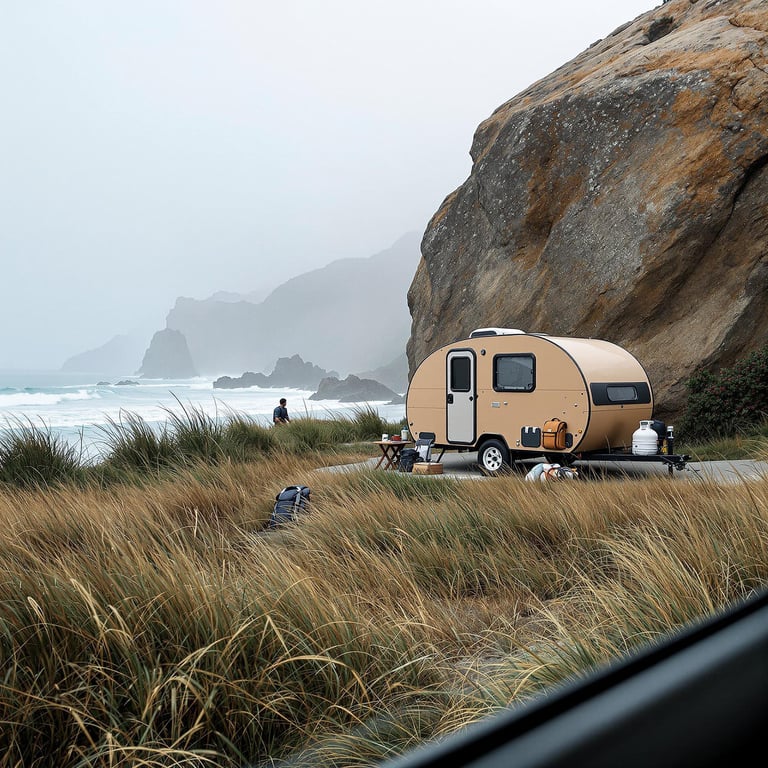 A tan teardrop trailer rests in tall grass beneath a foggy Big Sur morning. A backpack and large rock sit nearby, while surfers and a calm lake add to the peaceful coastal scene.
