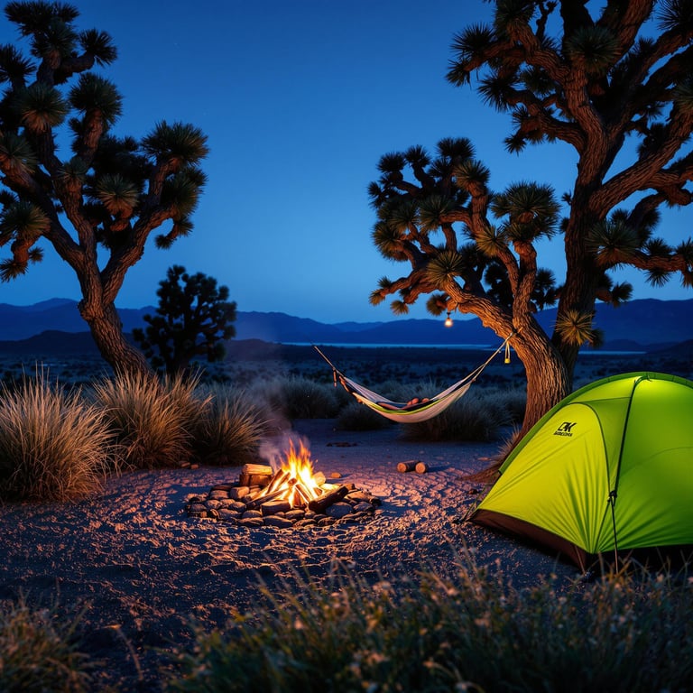 A lime green tent rests in the tall grass of Death Valley beneath a clear blue-hour sky. A warm campfire glows beside the logs, while a hammock hangs from a nearby tree. Farther away, a camper’s flashlight shines softly in the dusk.