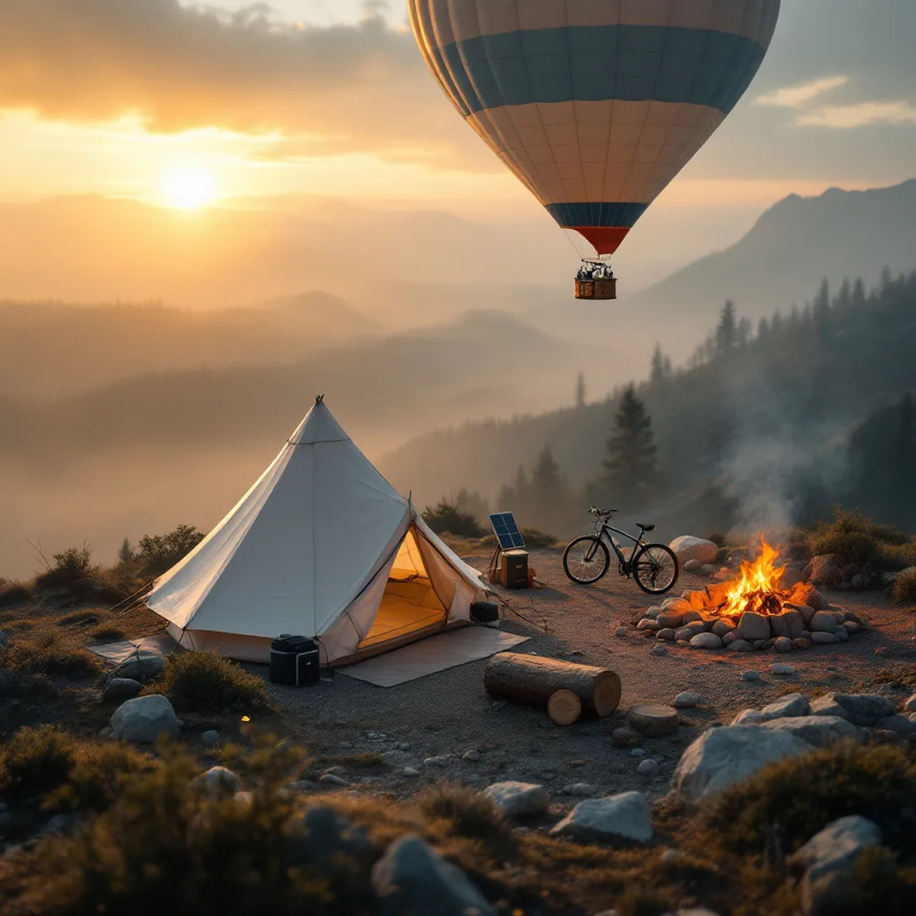 A white tent rests among stones in the misty Montana hills as the sun sets. A bicycle, solar charger, and large log sit near the warm campfire, creating a cozy outdoor retreat.