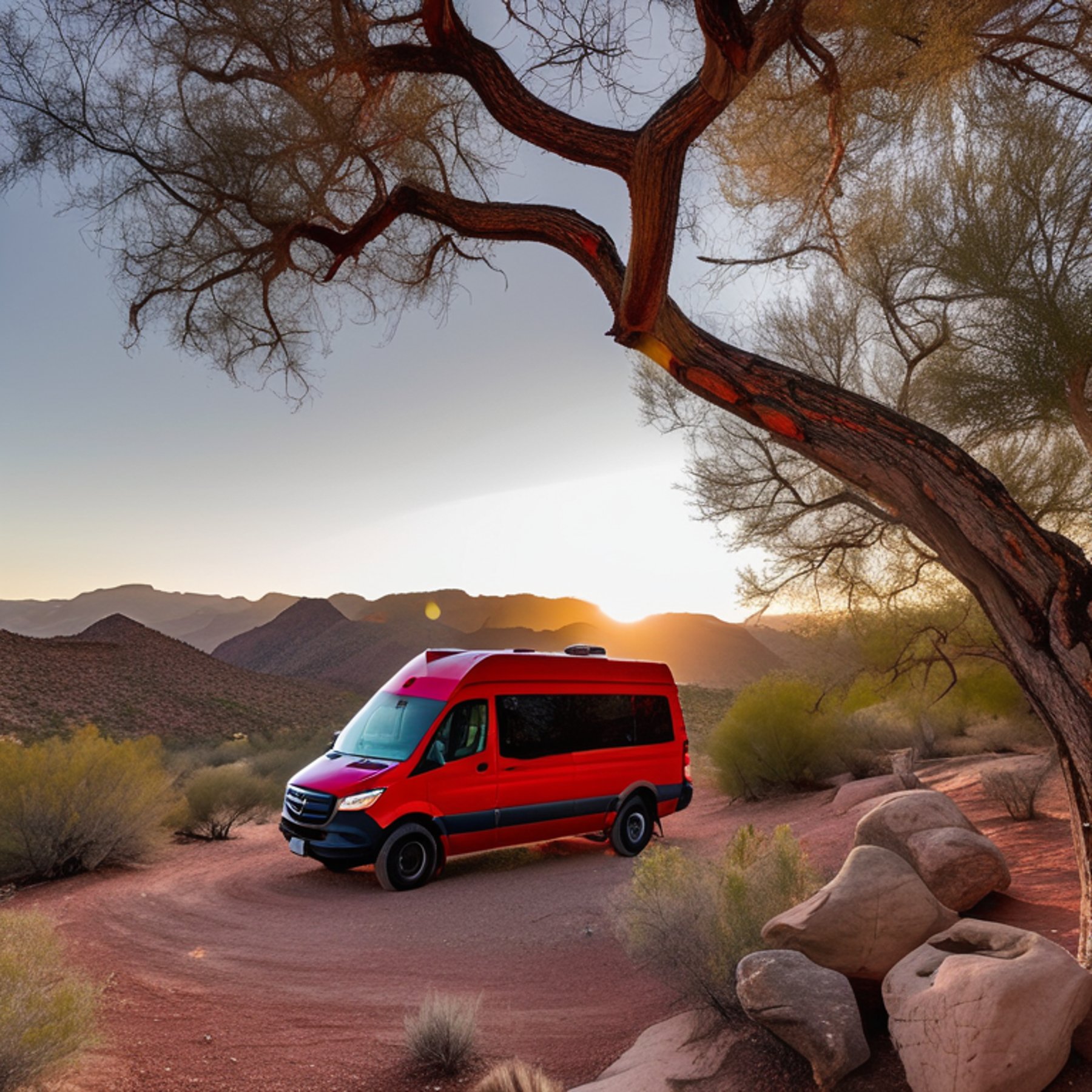 A red camper van rests on a quiet dirt patch as the sun sets over Big Bend’s rough, rocky land. Large trees, berry-covered bushes, and scattered stones add a wild, peaceful feel.