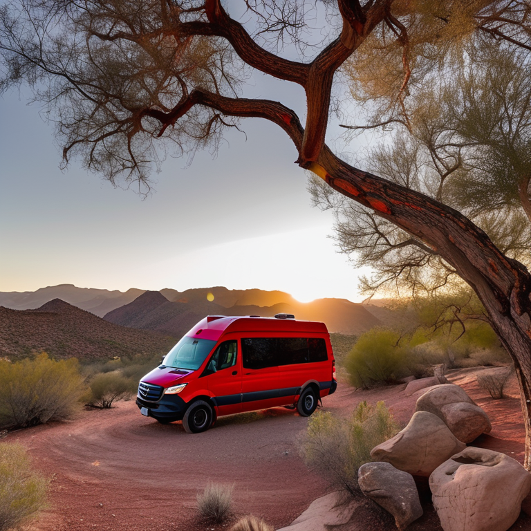 A red camper van rests on a quiet dirt patch as the sun sets over Big Bend’s rough, rocky land. Large trees, berry-covered bushes, and scattered stones add a wild, peaceful feel.