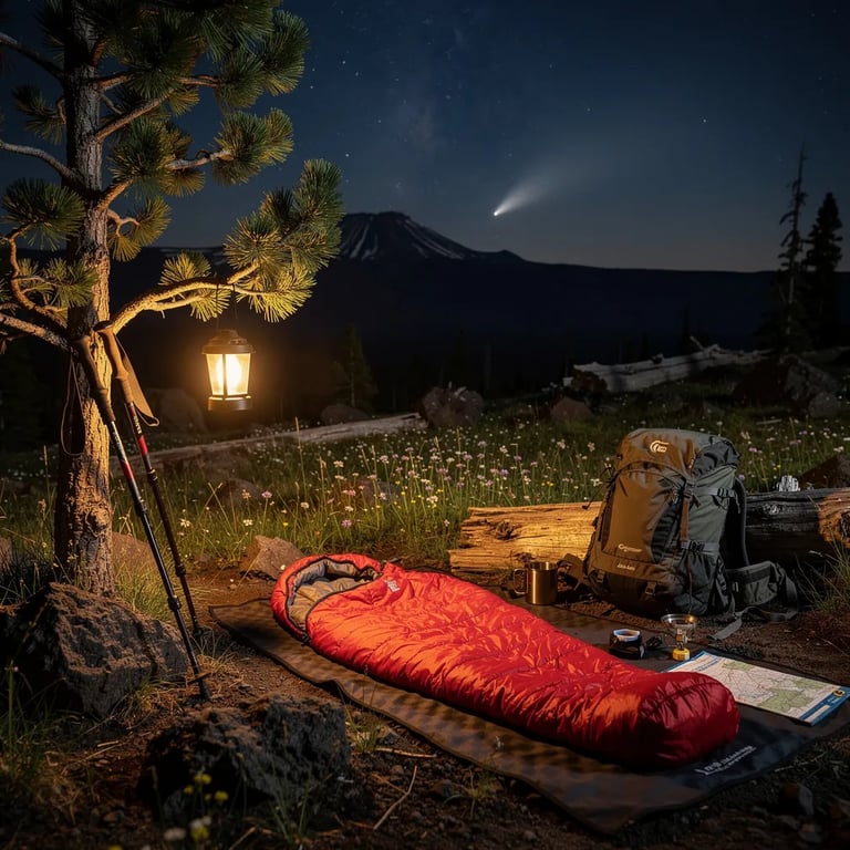 A quiet campsite sits on rocky ground above a small, wet meadow. A bright red sleeping bag and a pack rest near a pine tree, with a warm lantern glowing from one branch and trekking poles leaning nearby. Above the dark rim of distant mountains, the sky is packed with stars, a faint Milky Way, and a bright comet near the horizon.
