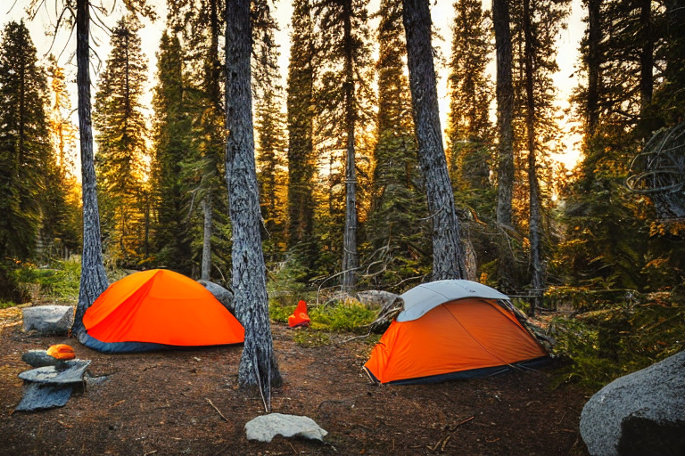 A gray and orange tent rests on a quiet dirt clearing in Yosemite National Park. A warm campfire glows among stones, with a hammock tied between trees nearby. Ferns and golden fall leaves surround the peaceful campsite beneath a clear sunset sky.