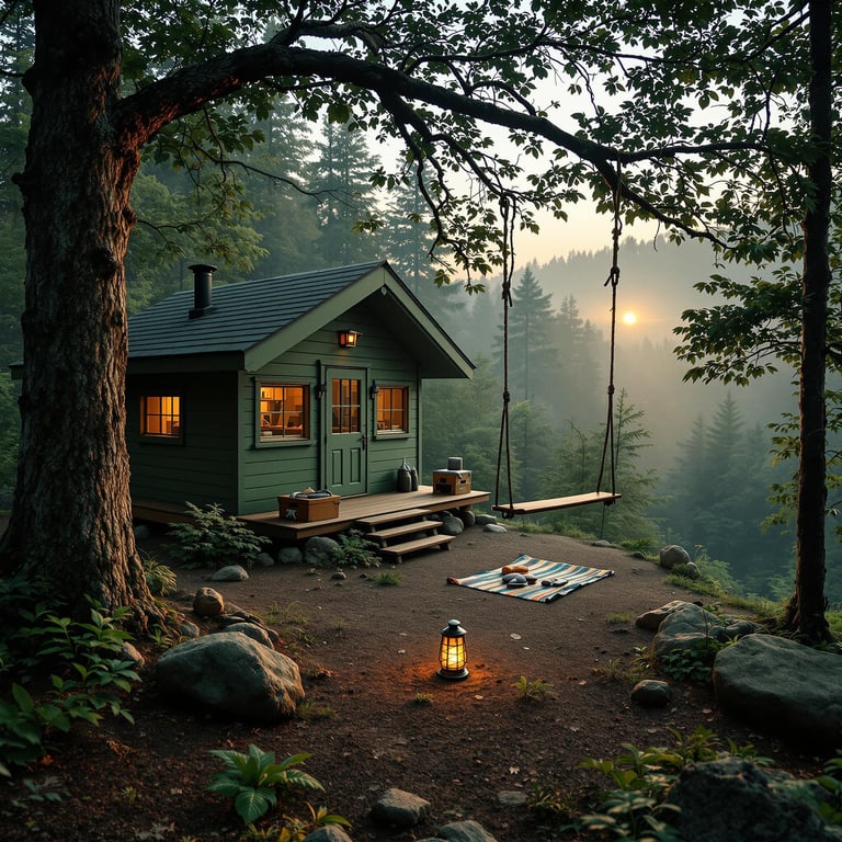 A green cabin rests among thick forest trees in the soft light of sunset. A rope swing hangs from a sturdy branch, while camping gear, boulders, and a glowing lantern sit nearby. Mist drifts through the peaceful campsite below.
