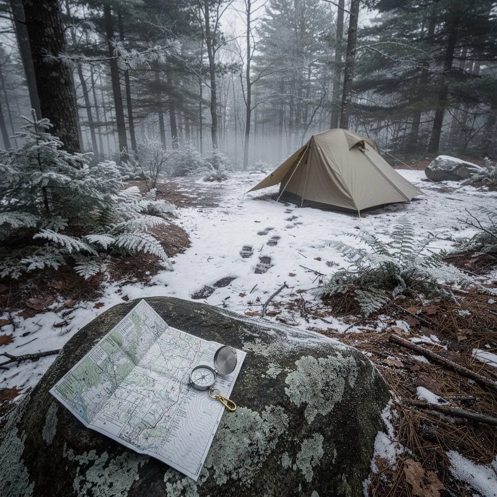 A quiet winter campsite sits in a mixed evergreen forest, with patchy snow and brown leaves on the ground. A khaki tent rests in a small clearing below a rocky lookout, with a huge boulder nearby. Frosty ferns and faint animal tracks add to the hush, while a map and compass lie on a flat rock under the soft, gray sky.