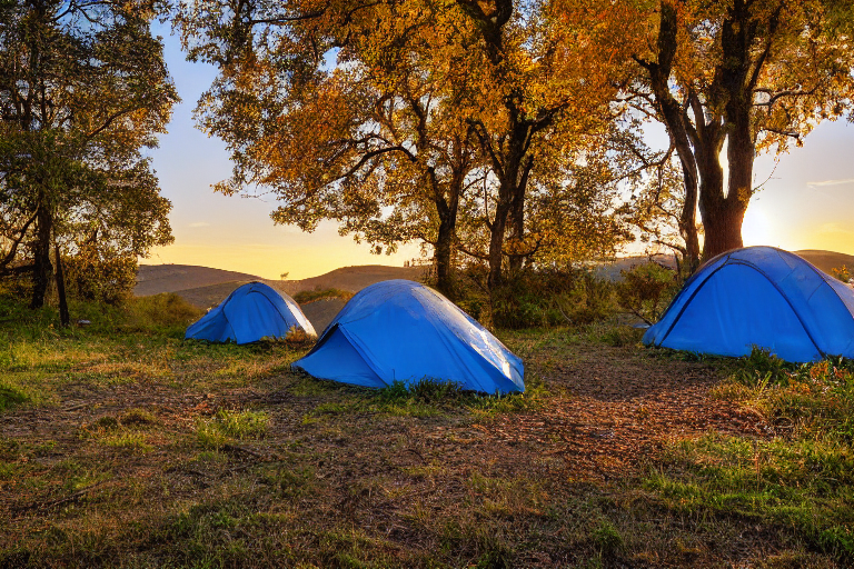 A blue tent rests on a dirt patch at a peaceful riverside campsite. Rolling hills, large boulders, and bright fall trees surround the paved camp area. The warm sunset sky gives the scene a calm, golden glow.