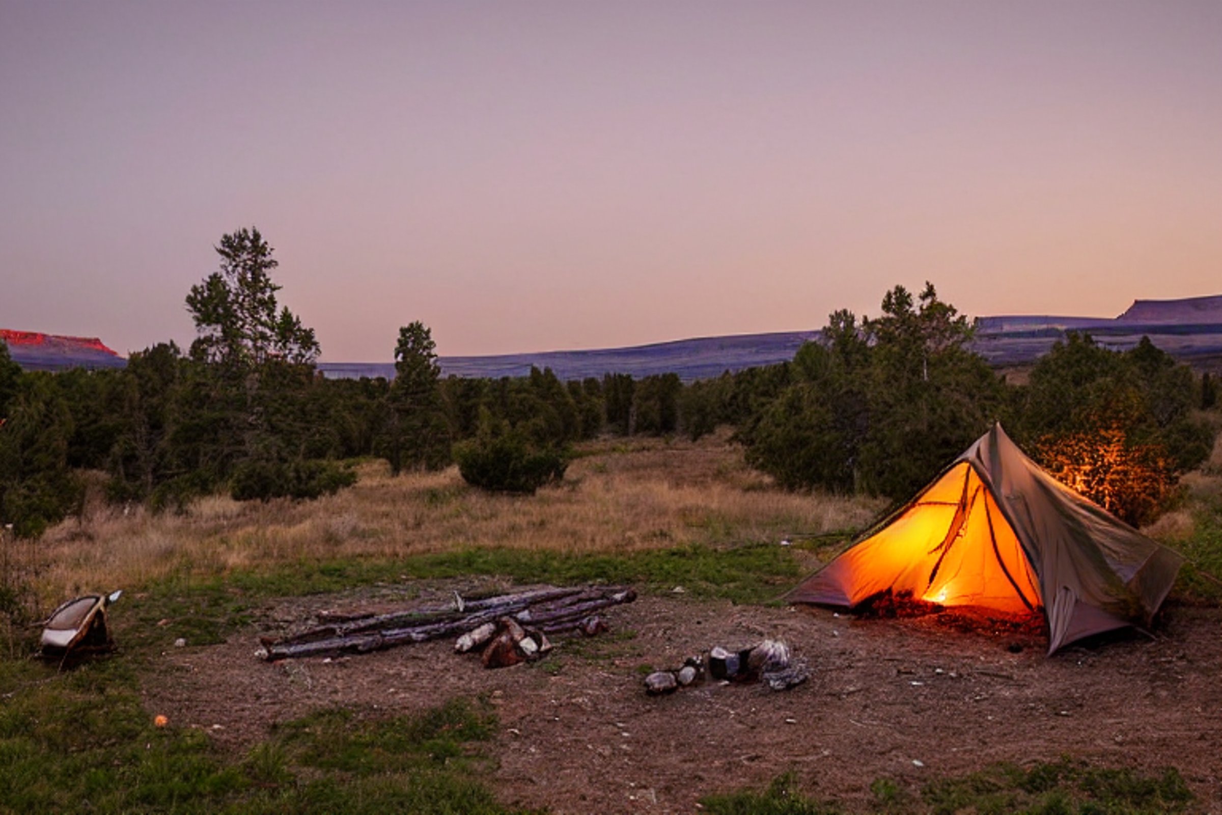A forest-green tent rests on a quiet dirt campsite beneath a clear night sky in Capitol Reef National Park. A warm campfire glows beside a large log, while a guitar, berry-covered bush, and distant deer add charm to the peaceful scene.