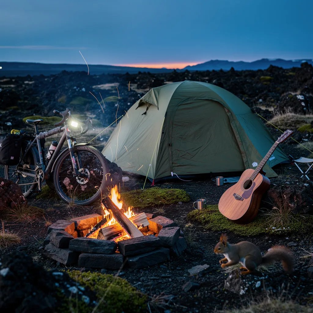 A green tent sits in the quiet Icelandic highlands beside dark lava rocks and soft moss. The sky is deep blue before sunrise, and a warm campfire flickers and sends smoke into the cool air. A bike leans on a rock and a guitar rests nearby, ready for a calm morning. A little squirrel darts past the logs as the wind rustles the grass.