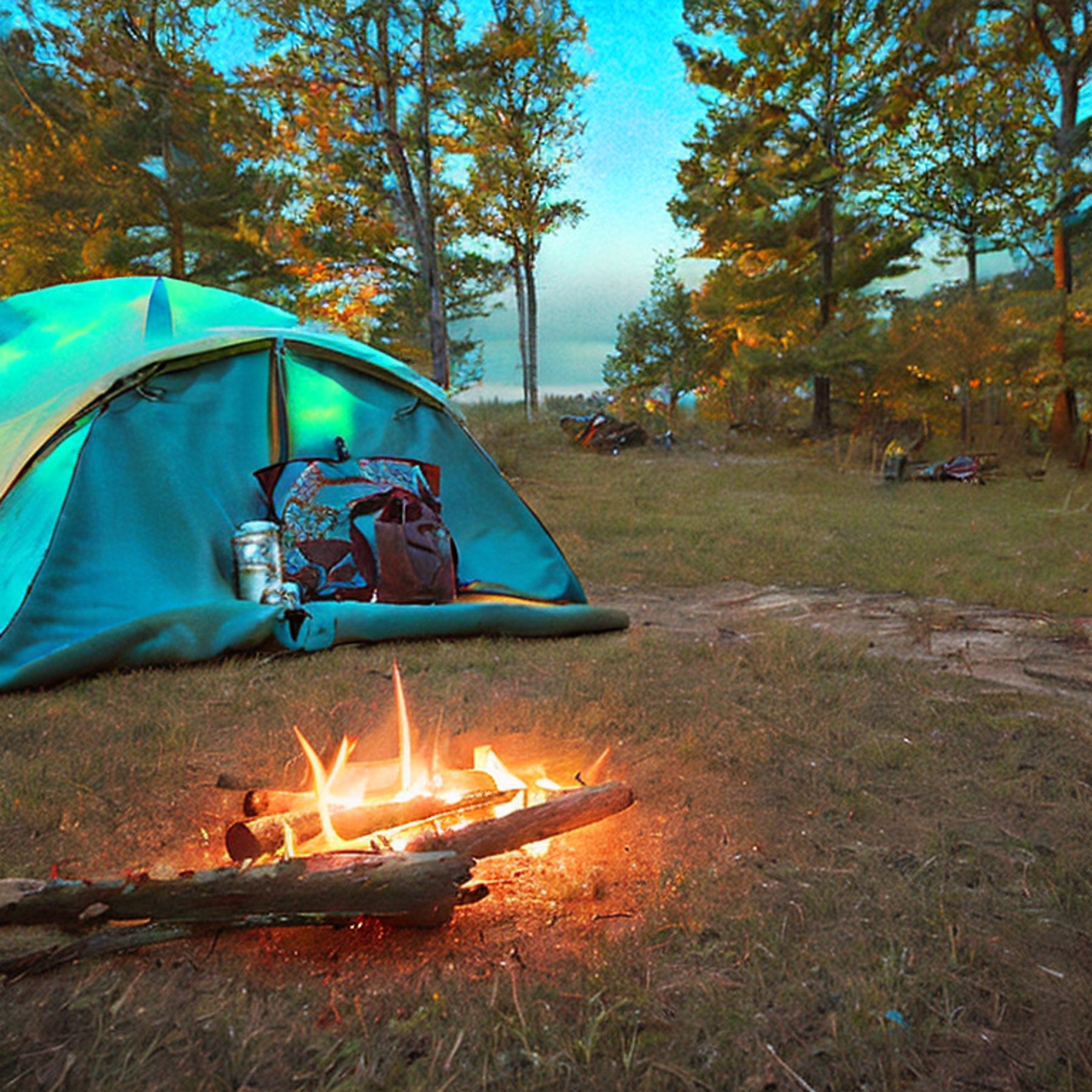 A teal tent rests on a snowy dirt campsite beneath bright green and blue auroras. A warm campfire glows among the trees, with a backpack, logs, and small flowers nearby.