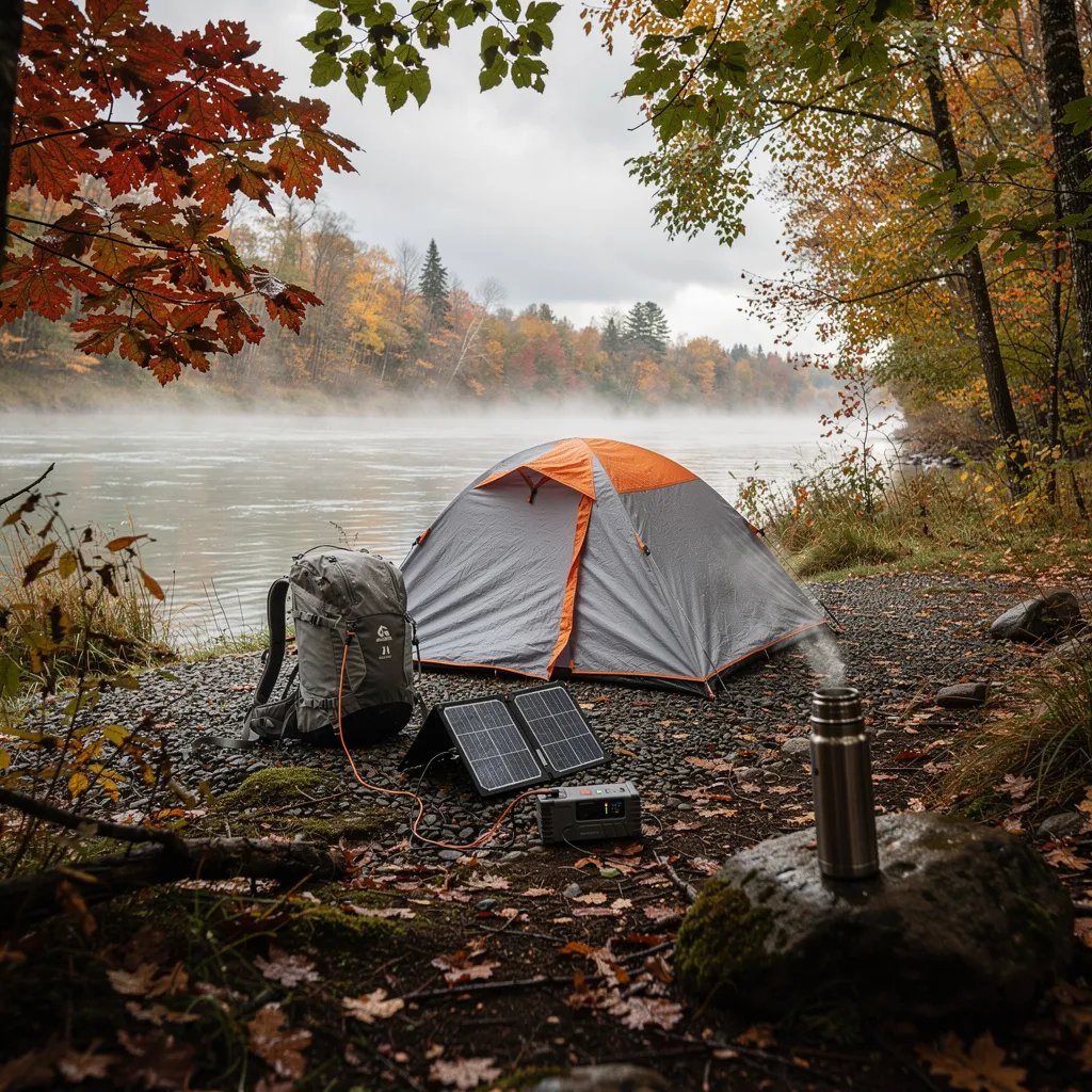 A grey-and-orange tent sits on a small gravel bar beside a calm river, with soft mist floating above the water. Bright fall leaves frame the campsite, and the ground looks damp from the cool morning air. A backpack and a little solar panel rest nearby, while a steaming thermos makes the scene feel warm and cozy.