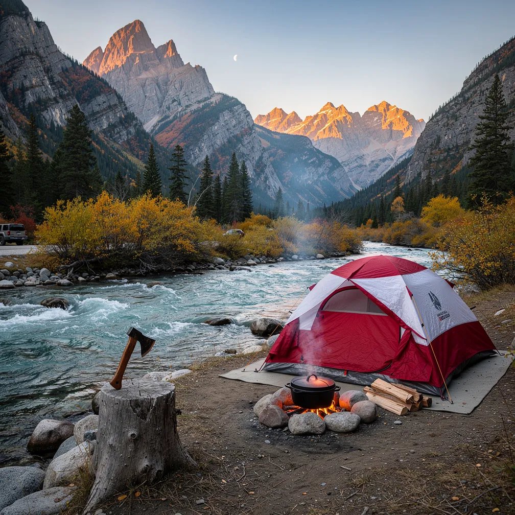 A red-and-white tent sits by a fast, clear river in a cool mountain valley. Golden fall bushes and tall pine trees surround the camp, while faraway rocky peaks glow with warm evening light. An axe rests in a stump, and a Dutch oven smokes gently over a small fire as a pale moon hangs high in the clear sky.