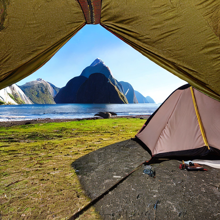 A brown tent sits on a rocky campsite beneath glowing green auroras in the night sky. Boulders, a hammock, and distant mountains create a peaceful Milford Sound getaway.