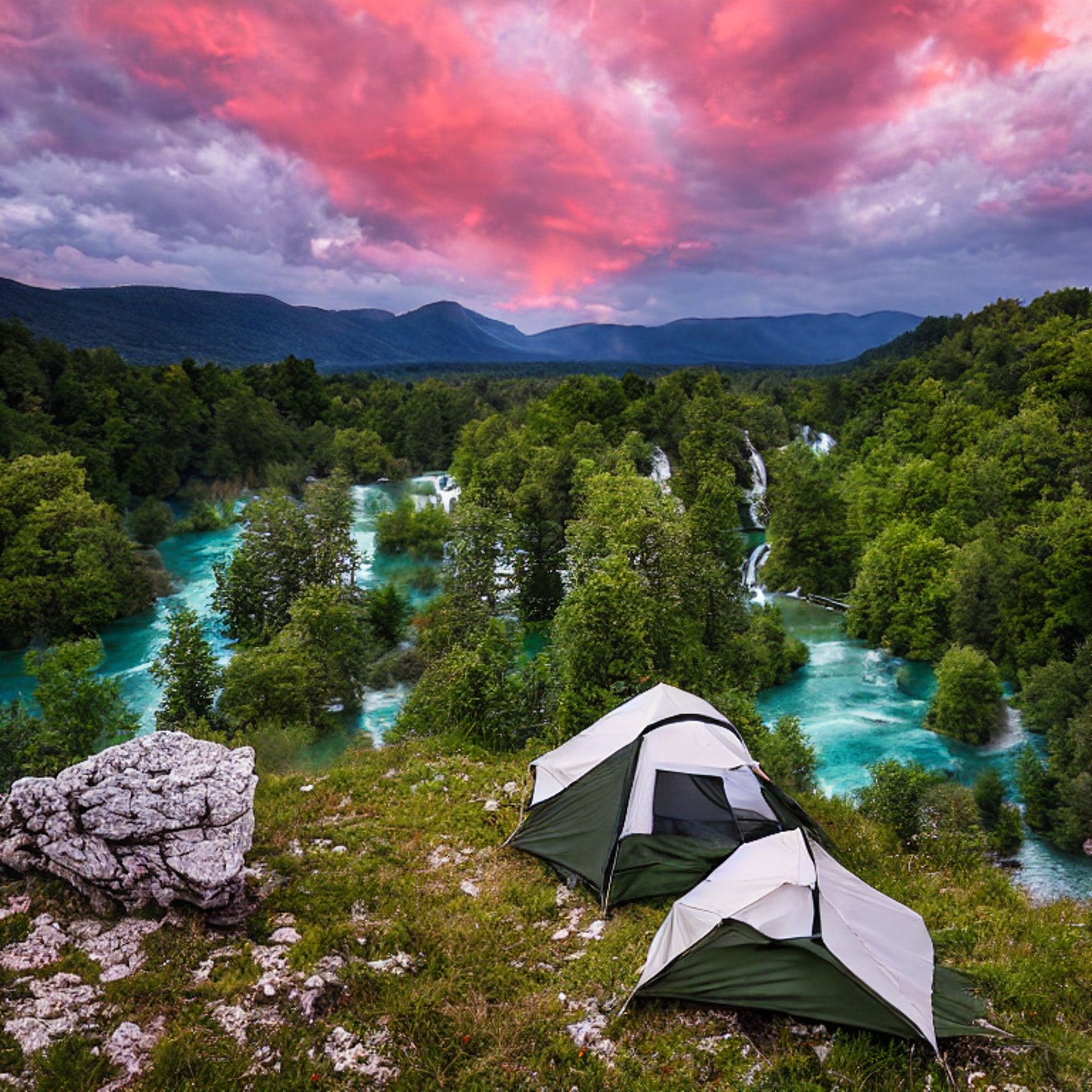 A forest-green tent rests on a rocky campsite in Plitvice Lakes National Park. Stormy clouds gather over the mountains as the sunset casts a warm glow across the dirt and pavement.