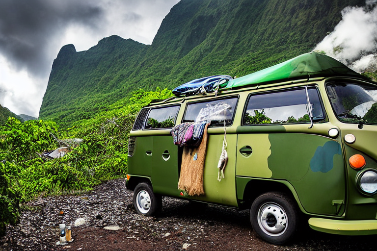 A green camo campervan rests on a quiet paved campsite beneath glowing northern lights. Ferns, stones, and a dirt path surround the van, while clothes sway on a nearby line in the cool snowy air.