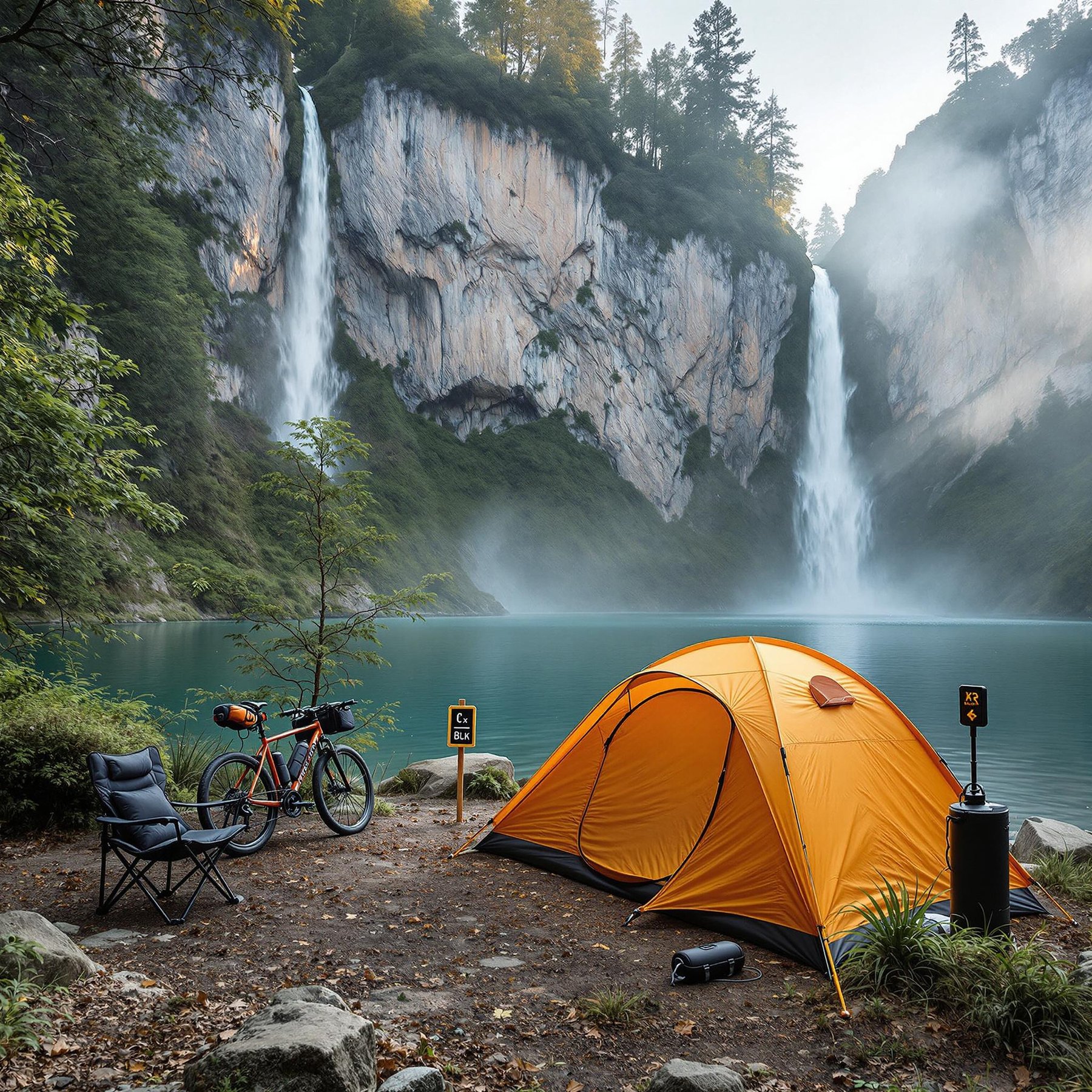 A bright orange tent sits peacefully by a turquoise lake, with tall waterfalls cascading down rugged cliffs in the background. Mist floats gently in the air, adding a magical feel to the lush green forest surrounding the campsite. It's a perfect spot for a bike ride and a cozy nap by the water.