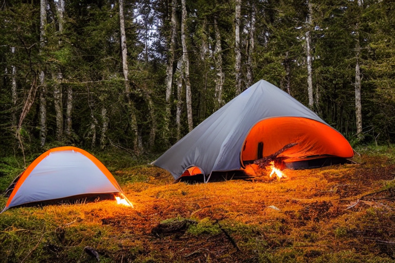 A gray and orange tent rests in a mossy forest beneath a sky full of stars. A warm campfire glows beside a large log, lighting the tall grass and dirt clearing.