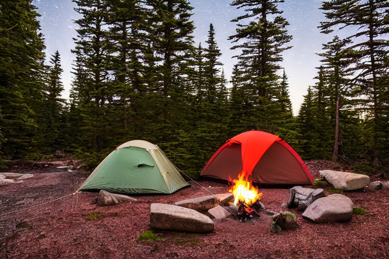 A colorful tent rests beside a snowy stream under bright northern lights. A warm campfire glows among the trees, while a deer stands quietly in the distance.