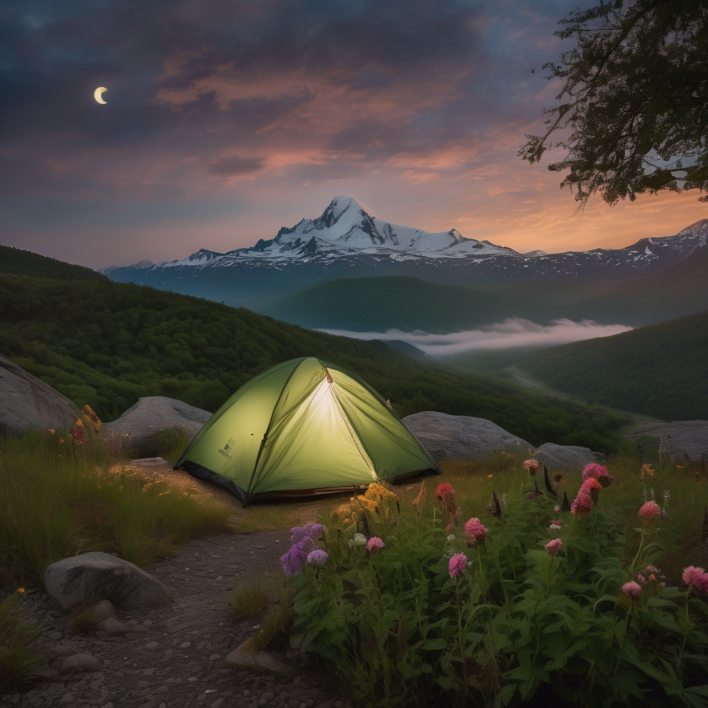 A mint green tent rests on a grassy overlook beneath a crescent moon. Wildflowers, a dirt path, and a softly smoking campfire add charm, while a mountain range fades into the cloudy twilight beyond the waterfall.