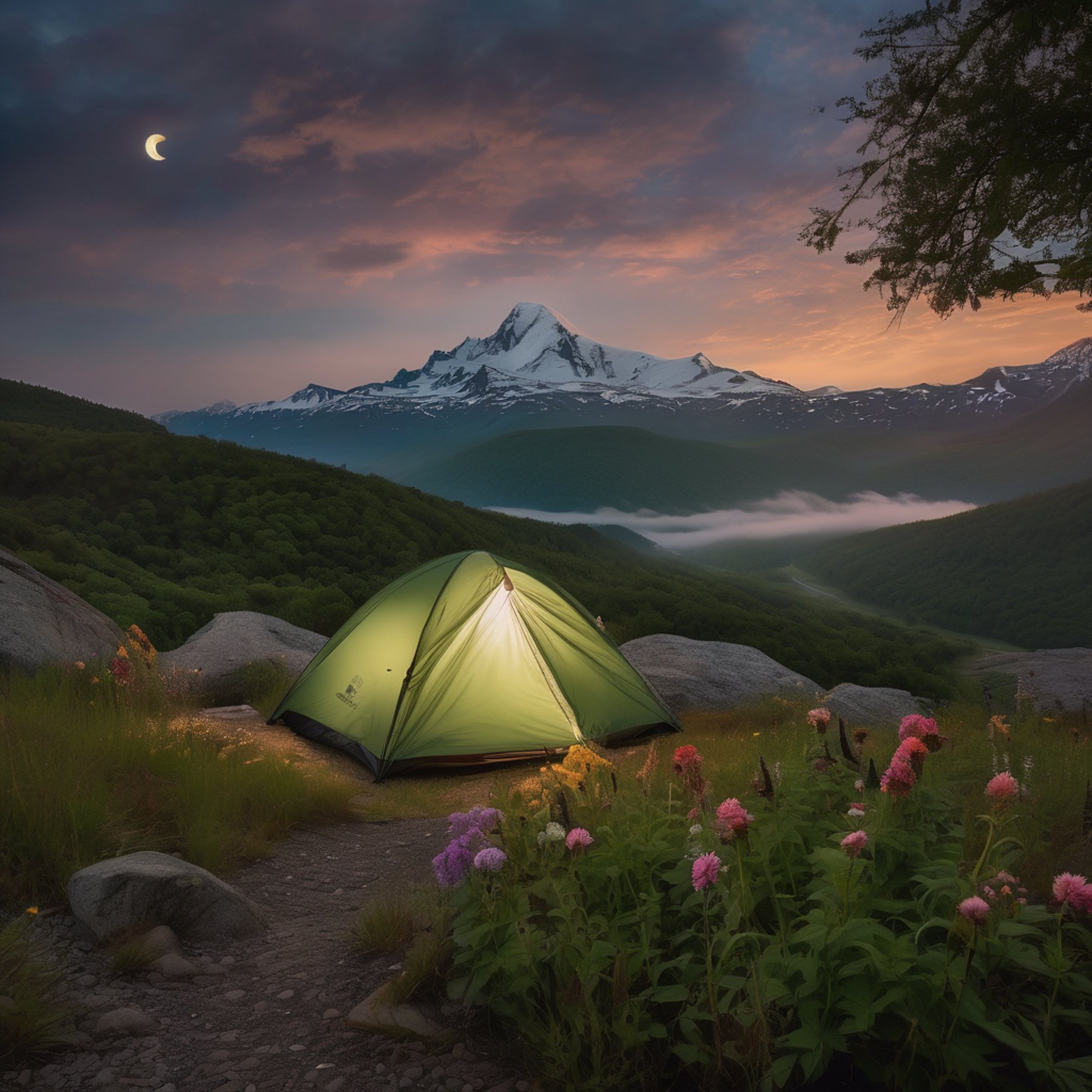 A mint green tent rests on a grassy overlook beneath a crescent moon. Wildflowers, a dirt path, and a softly smoking campfire add charm, while a mountain range fades into the cloudy twilight beyond the waterfall.
