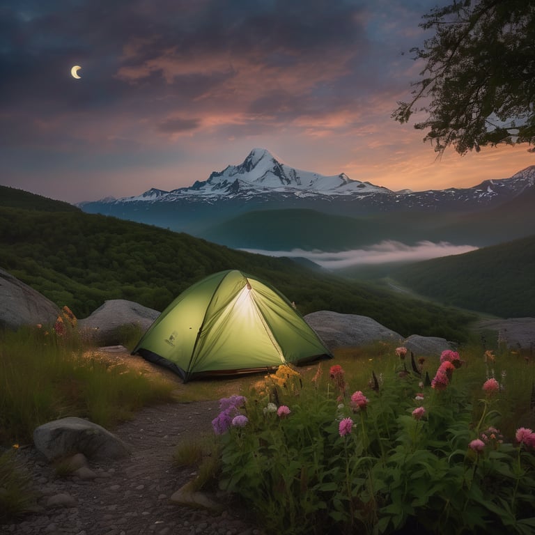 A mint green tent rests on a grassy overlook beneath a crescent moon. Wildflowers, a dirt path, and a softly smoking campfire add charm, while a mountain range fades into the cloudy twilight beyond the waterfall.