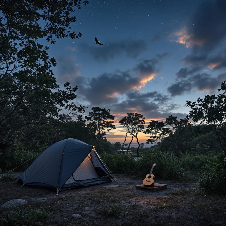 A dark gray tent rests in the tall grass beneath a cloudy twilight sky. A picnic table and wooden guitar sit nearby, while stars peek through the trees. High above, a golden eagle soars over the quiet campsite.