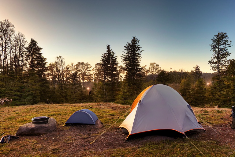 A white tent rests beside a calm river, with chairs gathered around a warm campfire. Soft fog and golden light fill the campsite, while a deer stands in the distance beneath the rising moon. A large rock and a dirt clearing add a rugged touch.