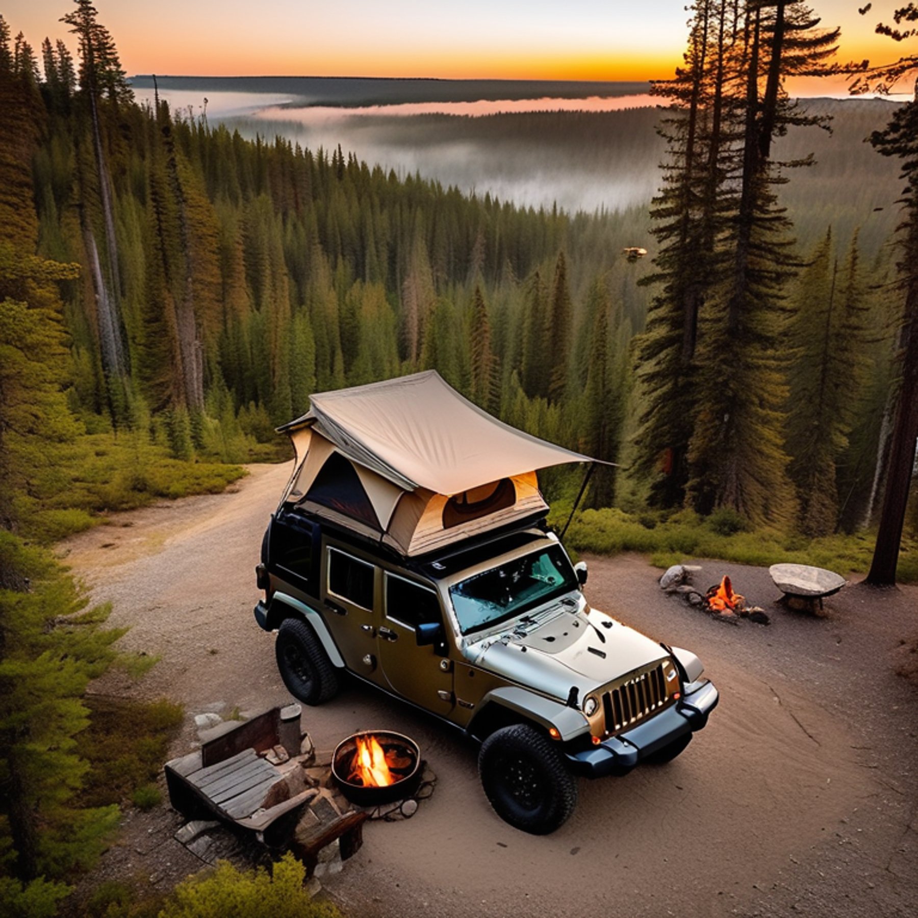 A tan Jeep with a rooftop tent rests in a quiet forest campsite. A warm campfire glows beside stone slabs and gravel patches as fog drifts through the trees. Sunset light gives the peaceful scene a cozy, wild feeling.