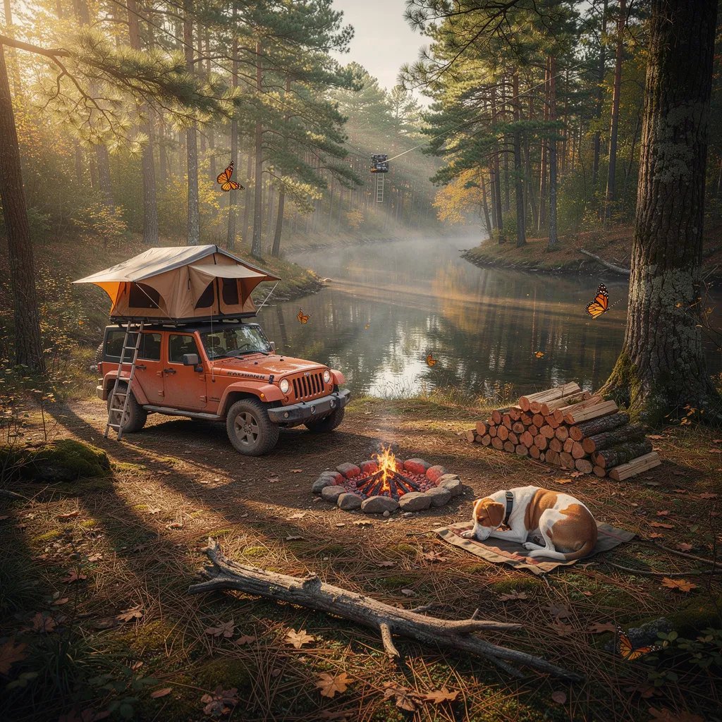 A quiet forest creek shines in the golden light, with tall pine trees all around. An orange Jeep sits by the water with a rooftop tent, and a stone fire ring glows with warm embers beside a neat stack of wood. A sleepy dog curls up near the fire while a few monarch butterflies drift through the clearing.