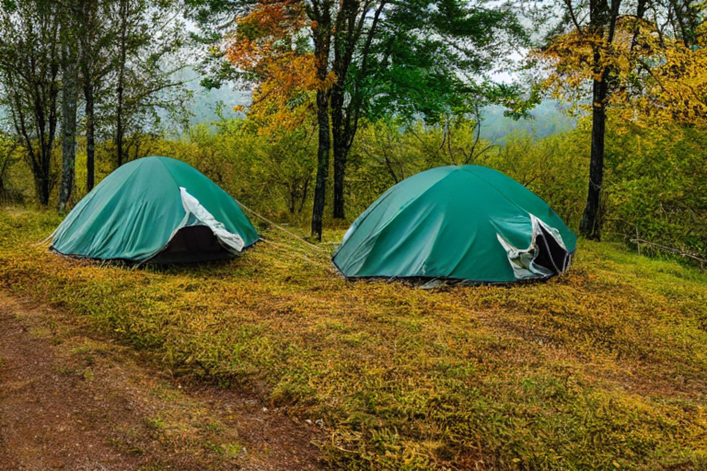 A green tent rests on a quiet campsite in Plitvice Lakes National Park. Tall grass, small trees, and bright fall leaves surround a dirt path. Stormy skies add a wild, peaceful feeling to the scene.