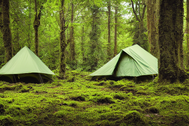 A deep green tent rests on a dirt patch in a quiet, overgrown forest. Mossy trees, tall grass, and fallen leaves surround the campsite as soft sunrise light shines through the rainy air.
