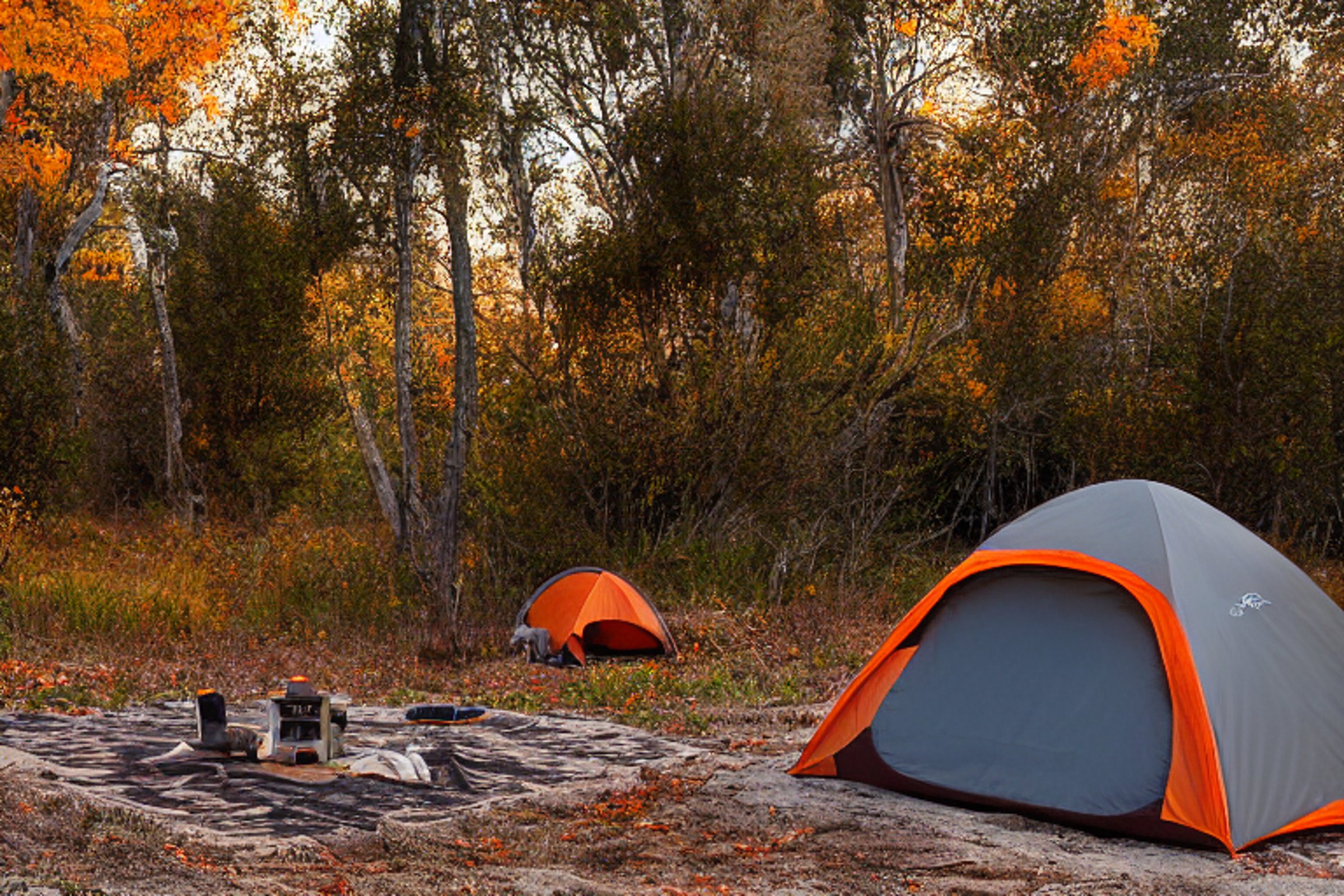 A gray and orange tent rests on a sandy campsite near San Diego Beach. Fall-colored trees, fallen leaves, and rolling hills surround the camp as the sun sets under a clear sky. A box of camping gear sits nearby, ready for adventure.