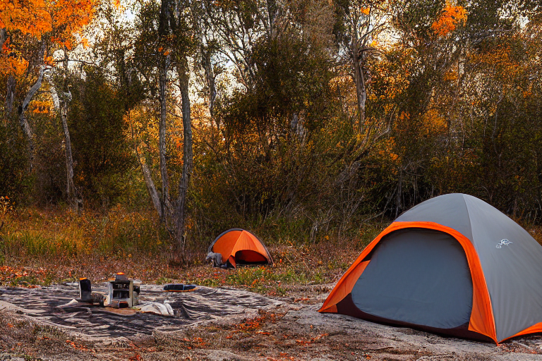 A gray and orange tent rests on a sandy campsite near San Diego Beach. Fall-colored trees, fallen leaves, and rolling hills surround the camp as the sun sets under a clear sky. A box of camping gear sits nearby, ready for adventure.