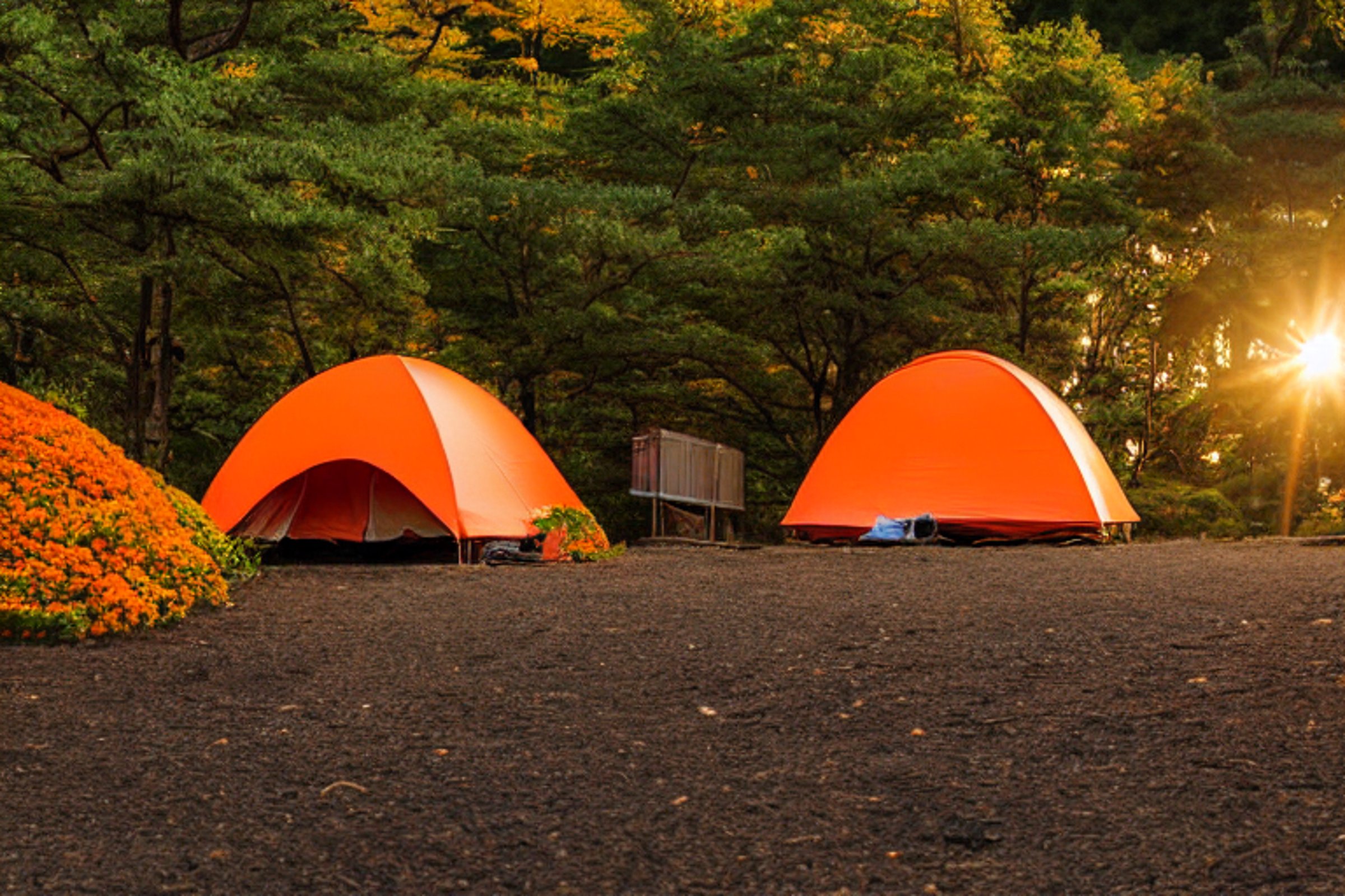 An orange tent rests on a paved campsite in Miyajima as the sunset glows through colorful fall trees. Flowers brighten the ground, while clothes hang on a line and a wooden guitar waits nearby. Soft fog gives the peaceful camp a dreamy feel.