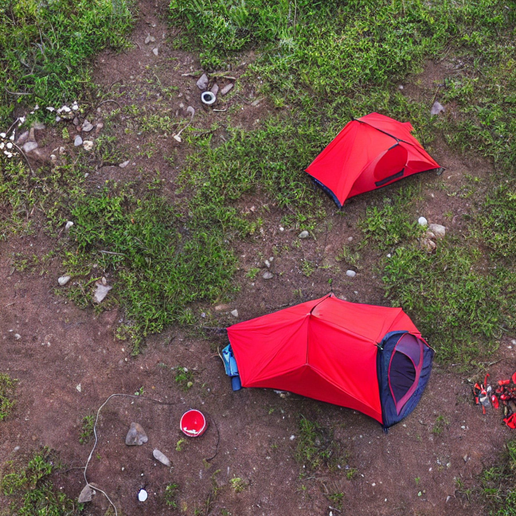 A red Subaru with its rooftop tent open rests beside a quiet creek. A warm campfire and lantern glow as the sun sets, with small flowers brightening the dirt campsite.