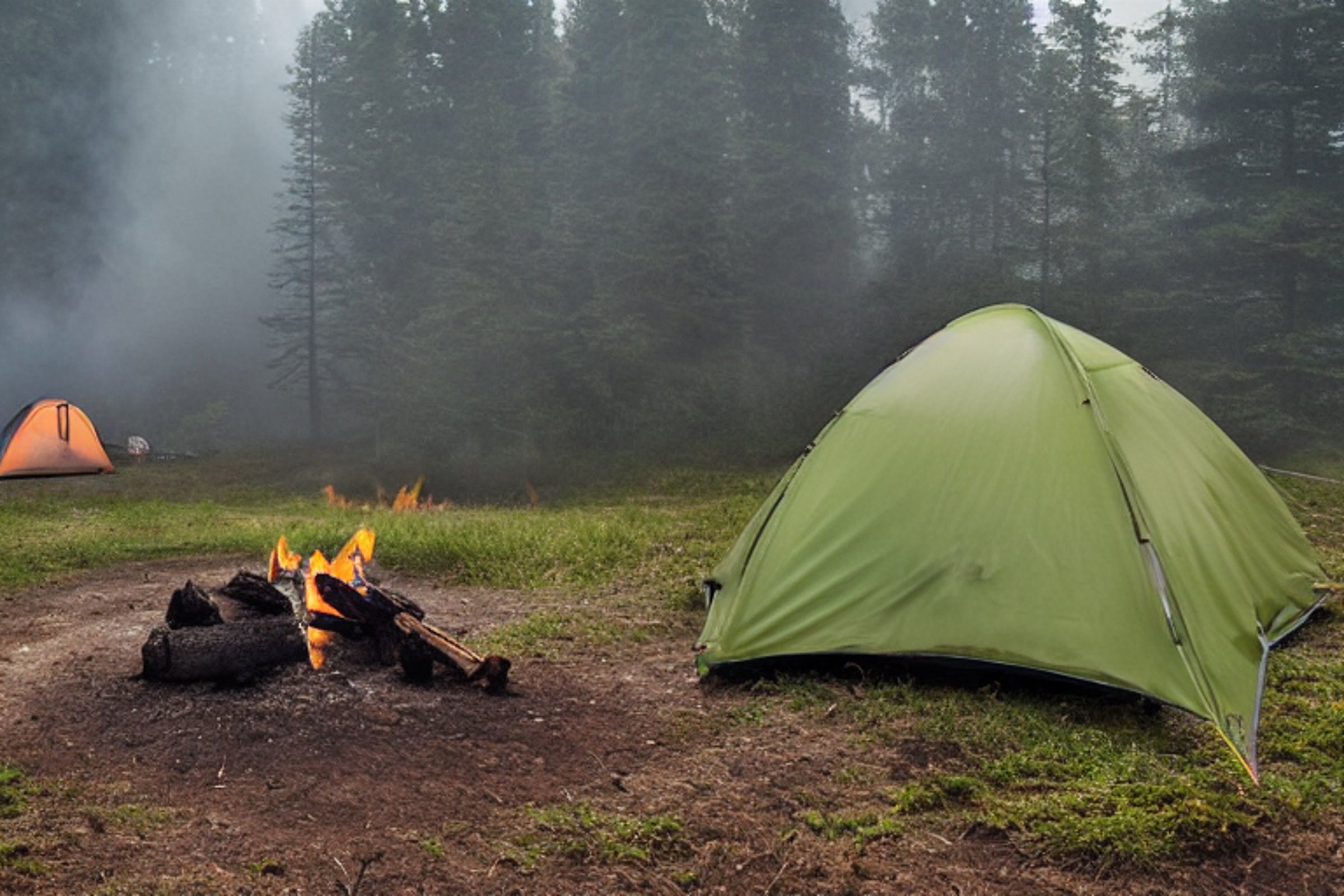 A green and tan tent rests on a dirt clearing beside a steaming hot spring. Camping chairs circle a small campfire, while soft fog hangs over the quiet landscape. A person with a flashlight stands in the distance.