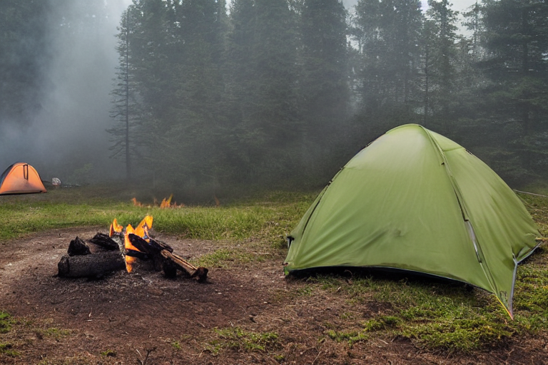 A green and tan tent rests on a dirt clearing beside a steaming hot spring. Camping chairs circle a small campfire, while soft fog hangs over the quiet landscape. A person with a flashlight stands in the distance.